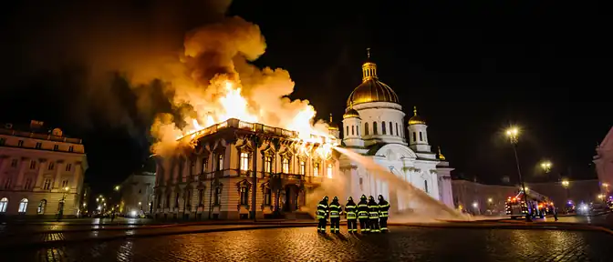 Пожарные расчеты борются с огнем в историческом особняке на Исаакиевской площади